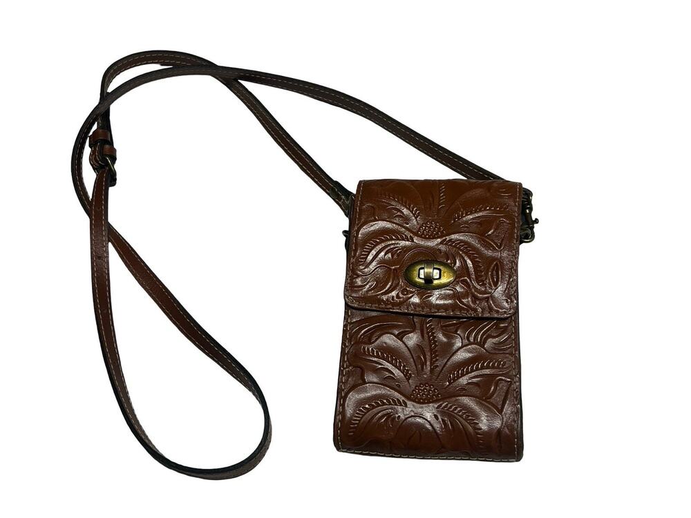 Patricia Nash RIVELLA Brown Tooled Florence Leather Crossbody Phone Bag